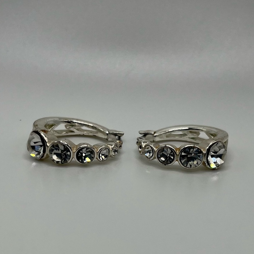 Rhinestone Hoop Earrings, 1 Inch, Clear Stones And Silver Toned Setting
